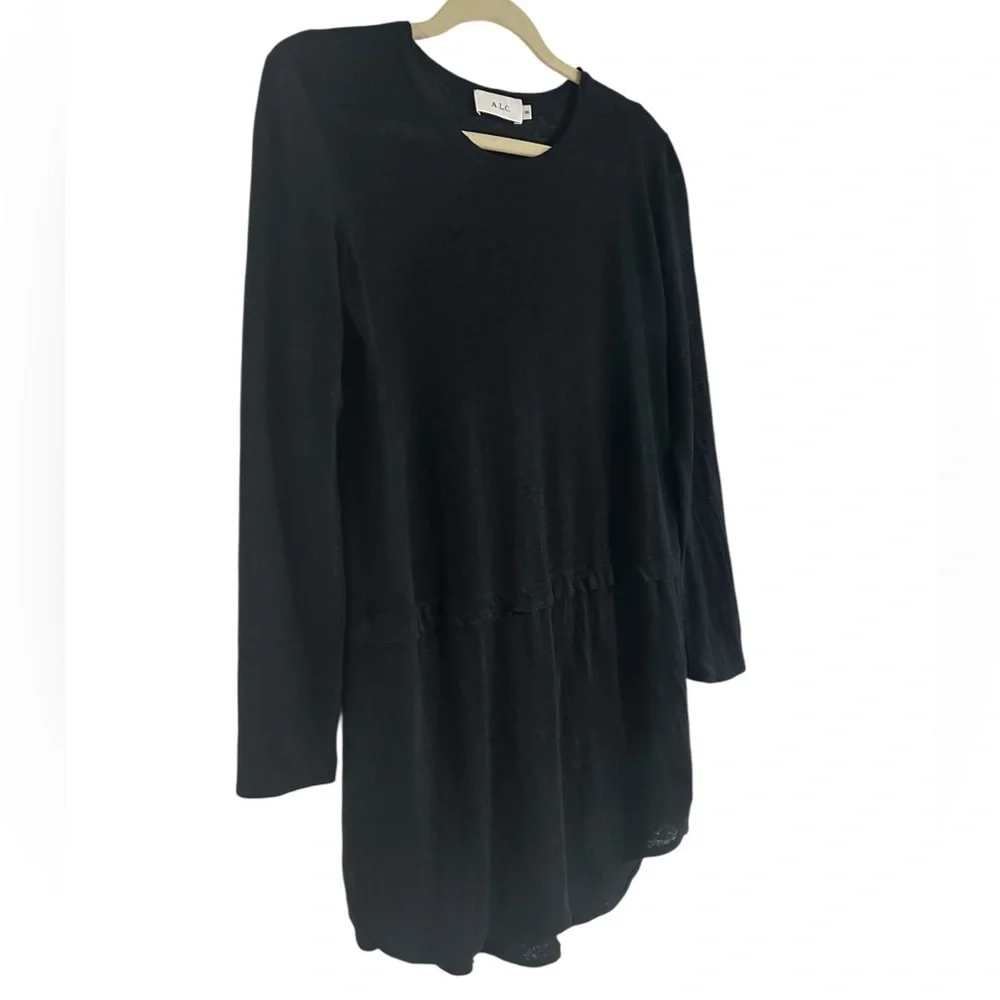 A.L.C. Black Linen Sheer Long Sleeve Dress XS Lined High Low Hem - Picture 3 of 7